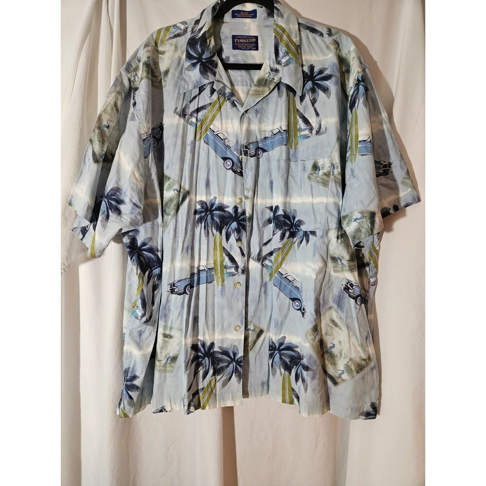 Men Pendleton Short Sleeve Button Up Blue Cars Surfboard Palm Trees XXL